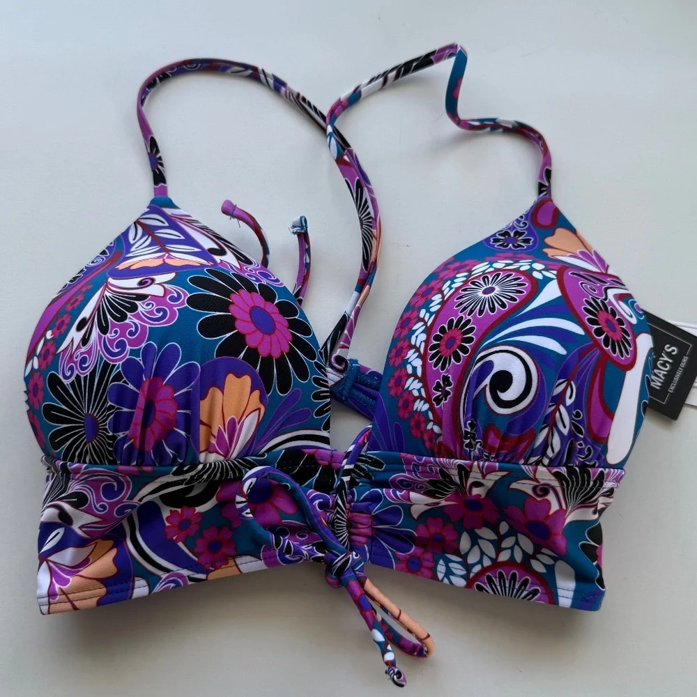 Salt + Cove Juniors Retro Paisley Print Tunnel Front Midkini Bikini Swim Top M - Picture 3 of 6